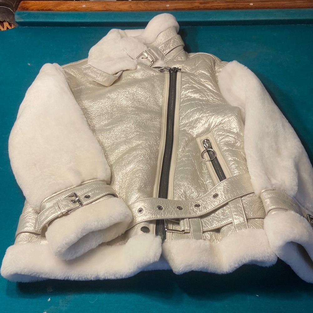 Nicole Benisti silver white leather fur jacket Large